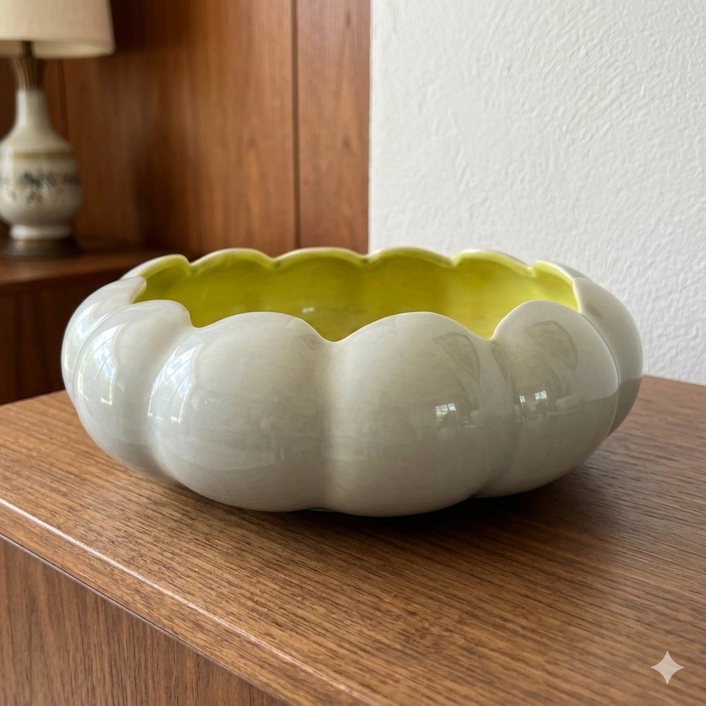 Vintage Red Wing Pottery 278 Chartreuse Yellow Grey Ribbed Melon Console Bowl